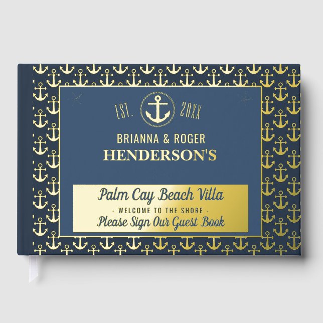 Beach House Nautical Anchors Vacation Rental Gold Guest Book (Front)