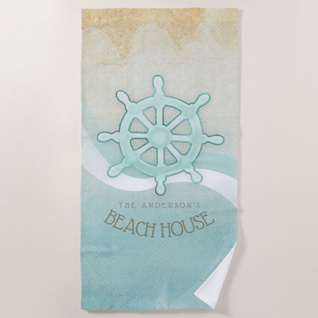 Beach House Nautical Boat Helm Aqua Blue ID623 Beach Towel (Front)
