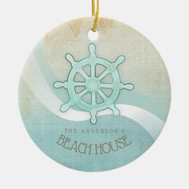 Beach House Nautical Boat Helm Aqua Blue ID623 Ceramic Tree Decoration (Front)