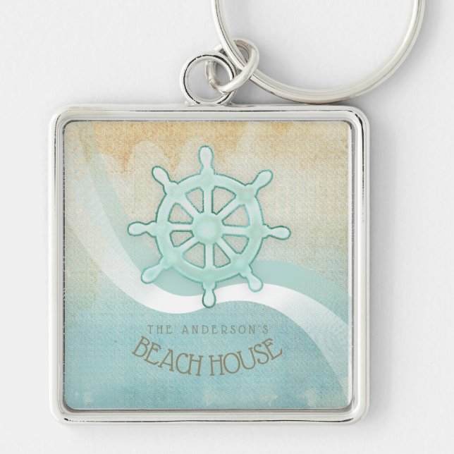 Beach House Nautical Boat Helm Aqua Blue ID623 Key Ring (Front)