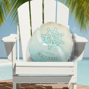 Beach House Nautical Boat Helm Aqua Blue ID623 Round Cushion