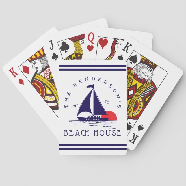 Beach House Nautical boat Sunset navy blue Playing Cards (Back)