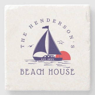 Beach House Nautical boat Sunset navy blue Stone Coaster