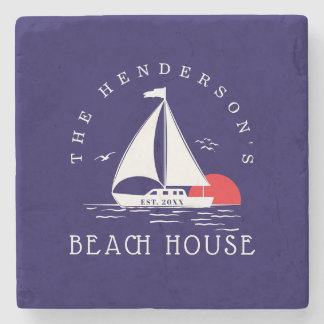 Beach House Nautical boat Sunset navy blue Stone Coaster