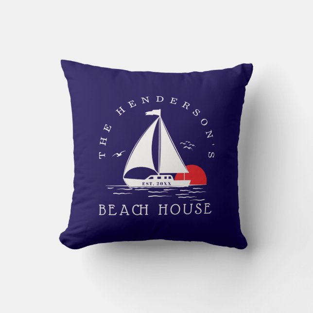 Beach House  Nautical boat Sunset Vacation Cushion (Front)