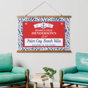 Beach House Nautical Coral Pattern Custom Red Navy Hanging Tapestry