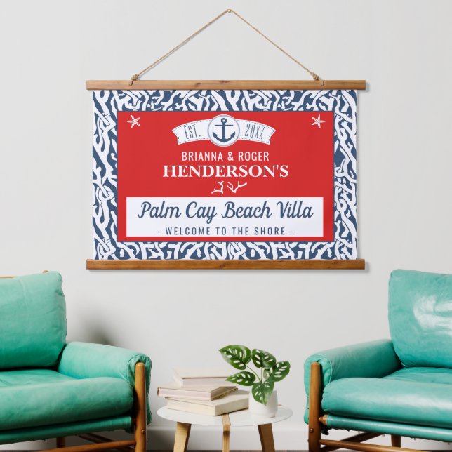 Beach House Nautical Coral Pattern Custom Red Navy Hanging Tapestry (Living Room)