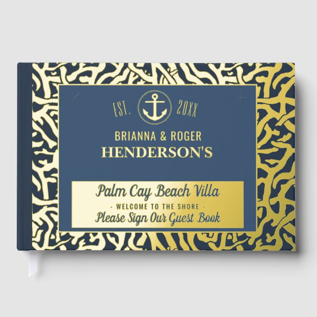 Beach House Nautical Coral Vacation Rental Gold Guest Book (Front)
