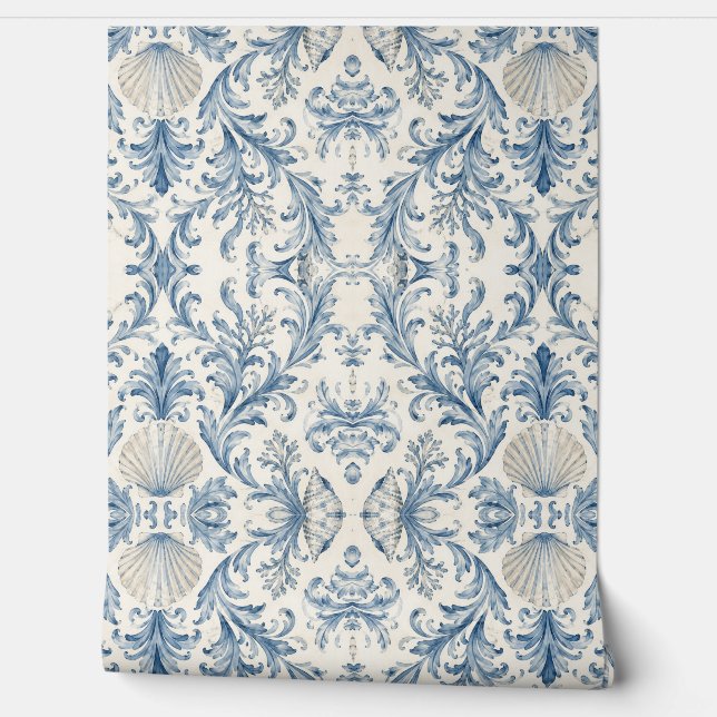 Beach House Nautical Damask Wallpaper - Coastal (Unrolling)