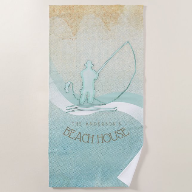 Beach House Nautical Fisherman Aqua Blue ID623 Beach Towel (Front)