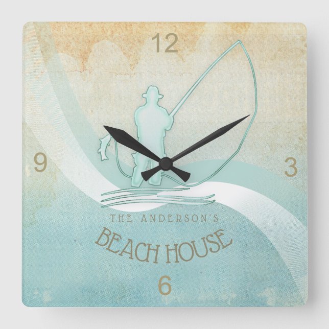 Beach House Nautical Fisherman Aqua Blue ID623 Square Wall Clock (Front)