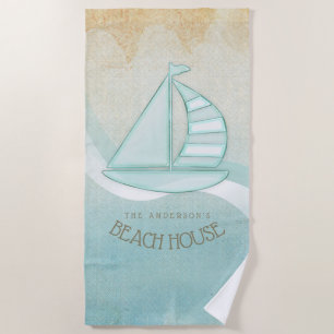 Beach House Nautical Sailboat Aqua Blue ID623 Beach Towel