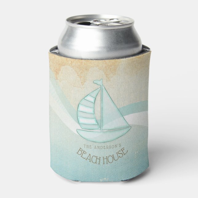 Beach House Nautical Sailboat Aqua Blue ID623 Can Cooler (Can Front)