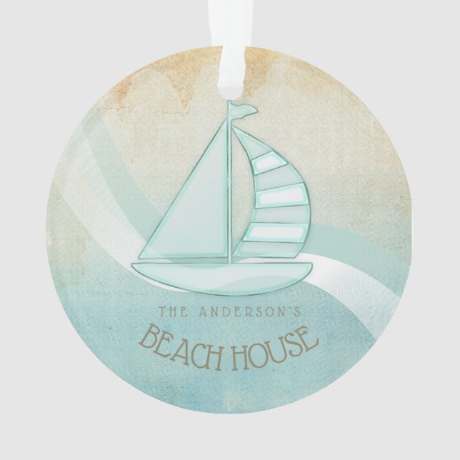 Beach House Nautical Sailboat Aqua Blue ID623 Ornament (Back)