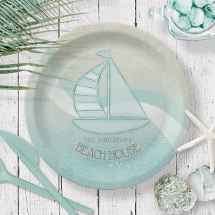 Beach House Nautical Sailboat Aqua Blue ID623 Paper Plate