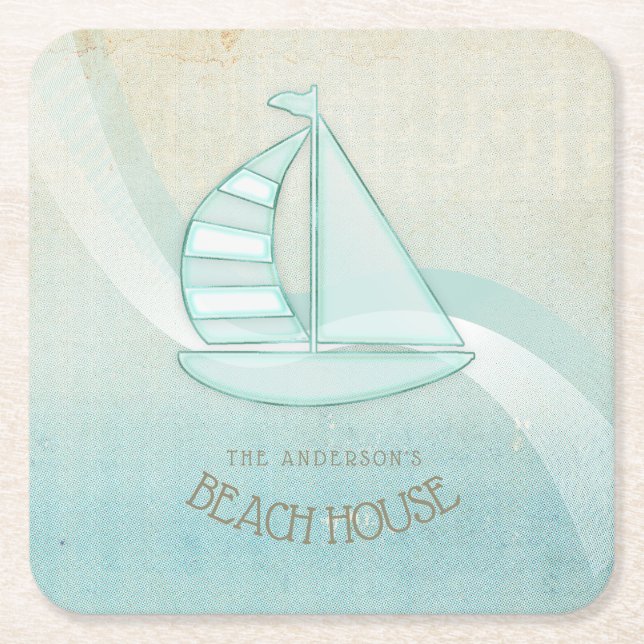 Beach House Nautical Sailboat Aqua Blue ID623 Square Paper Coaster (Front)