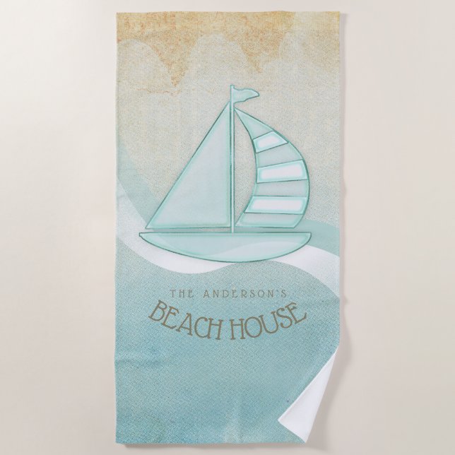 Beach House Nautical Sailboat Aqua Blue ID623 Towel (Front)