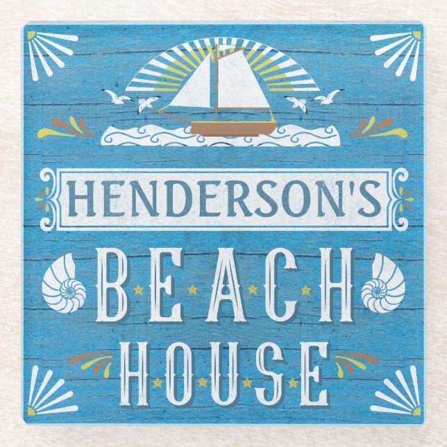 Beach House Nautical Sailboat Shells Custom Name 2 Glass Coaster (Front)