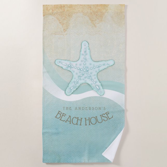 Beach House Nautical Starfish Aqua Blue ID623 Beach Towel (Front)
