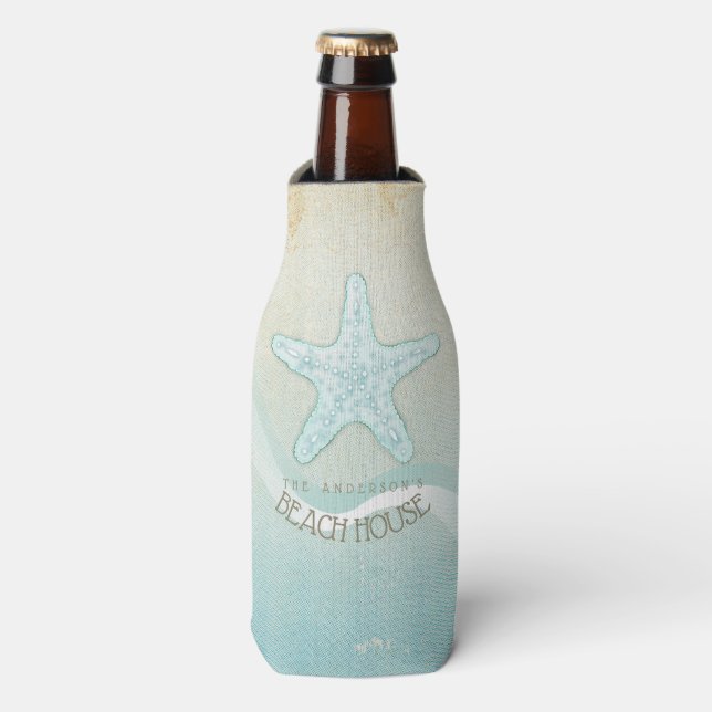 Beach House Nautical Starfish Aqua Blue ID623 Bottle Cooler (Bottle Front)