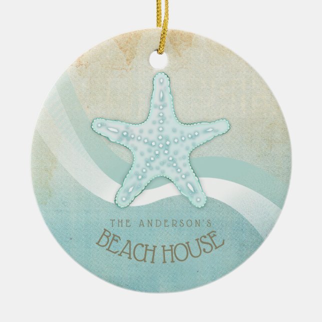 Beach House Nautical Starfish Aqua Blue ID623 Ceramic Tree Decoration (Front)