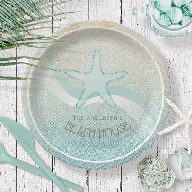 Beach House Nautical Starfish Aqua Blue ID623 Paper Plate (Creator Uploaded)