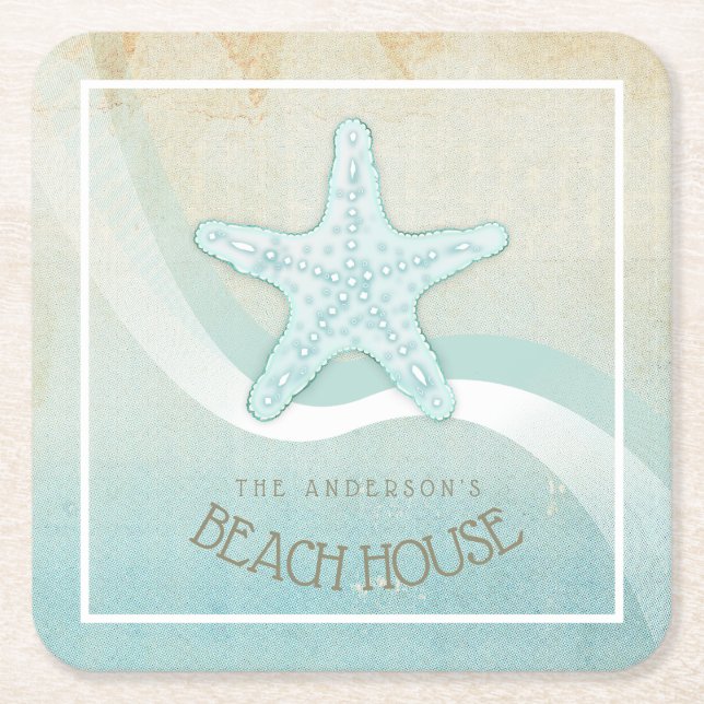 Beach House Nautical Starfish Aqua Blue ID623 Square Paper Coaster (Front)