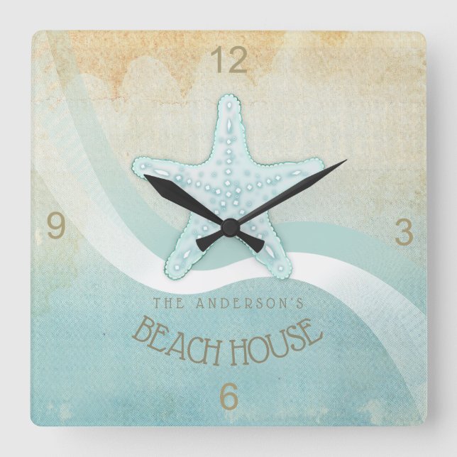 Beach House Nautical Starfish Aqua Blue ID623 Square Wall Clock (Front)