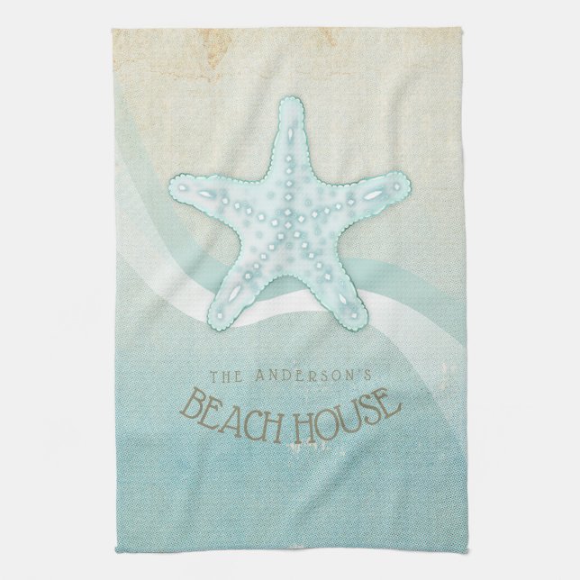 Beach House Nautical Starfish Aqua Blue ID623 Tea Towel (Vertical)