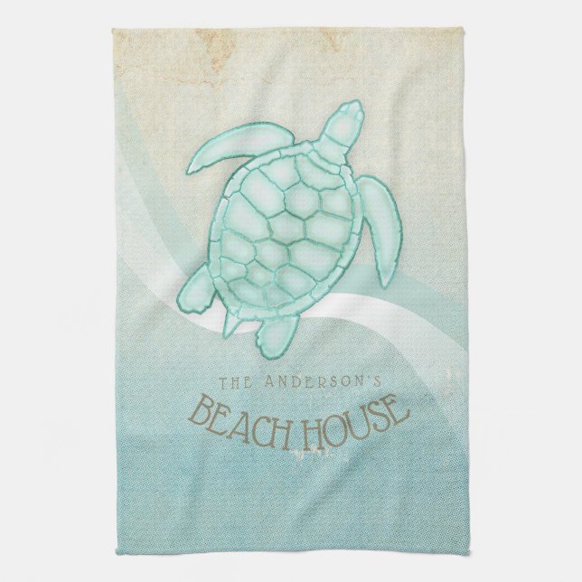 Beach House Nautical Turtle Aqua Blue ID623 Tea Towel (Vertical)