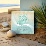 Beach House Nautical Turtle Aqua Blue ID623 Tile<br><div class="desc">This ceramic tile design in the soft colours of sea and sand allows you to easily add your own name and text using the provided template. The simple turtle image on a distressed, watercolor background is highlighted by a wave accent in aqua and white. If you aren't fortunate enough to...</div>