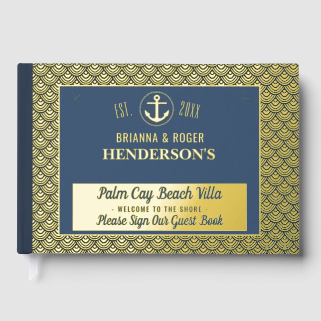 Beach House Nautical Vacation Rental Gold Shells Guest Book (Front)