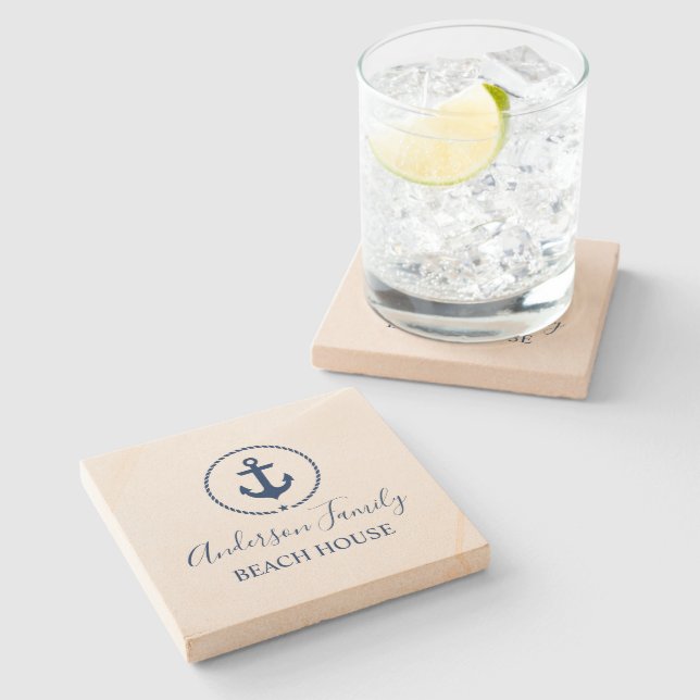 Beach House Navy Blue Nautical Anchor Star Rope Stone Coaster (Side)