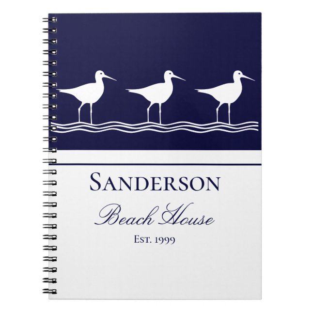 Beach house navy blue Sandpipers Notebook (Front)