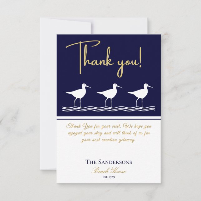 Beach house navy blue Sandpipers Thank You Card (Front)