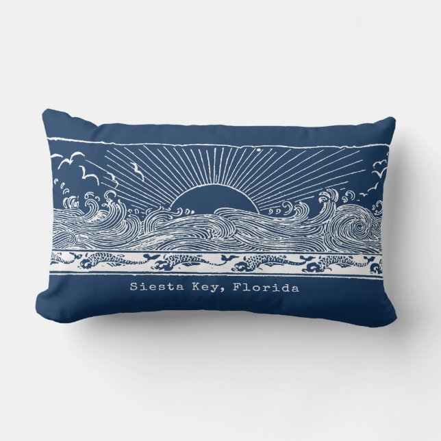 Beach House Navy Blue White Coastal Lumbar Cushion (Front)