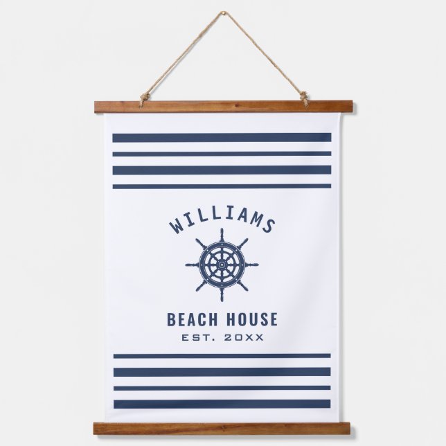 Beach House Navy Blue White Nautical Family Name Hanging Tapestry (Front)