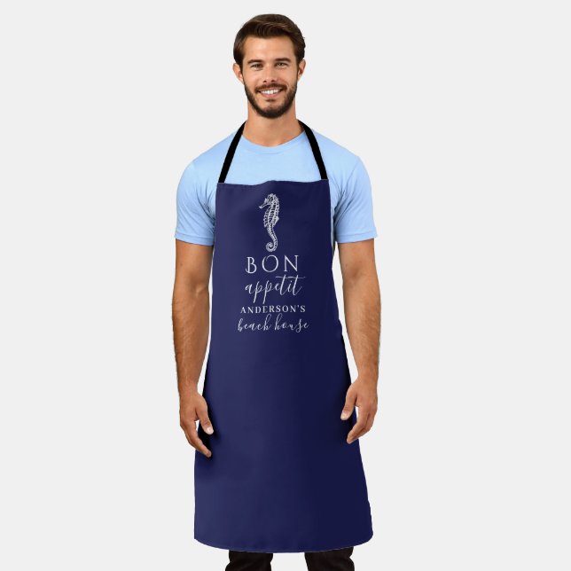 Beach House Navy Blue White Seahorse Personalised Apron (Worn)