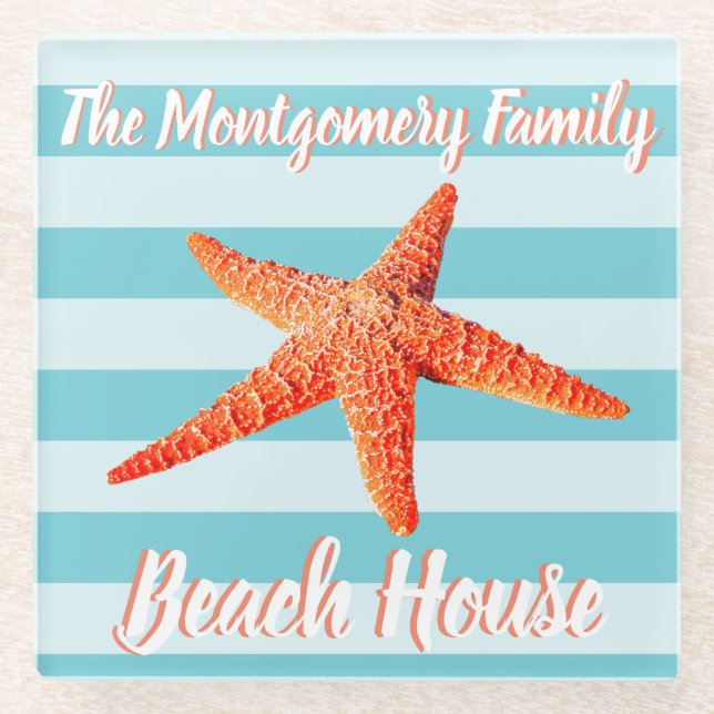 Beach House Orange Starfish & Family Name Glass Coaster (Front)