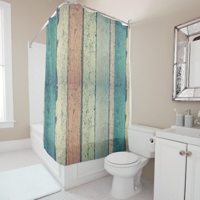Beach house painted wood oceanside striped shower curtain (In Situ)