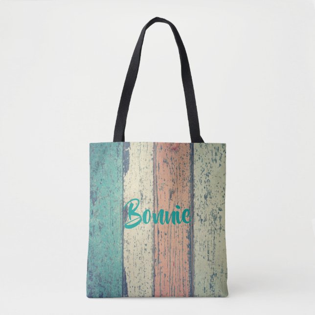 Beach house painted wood oceanside striped tote bag (Front)