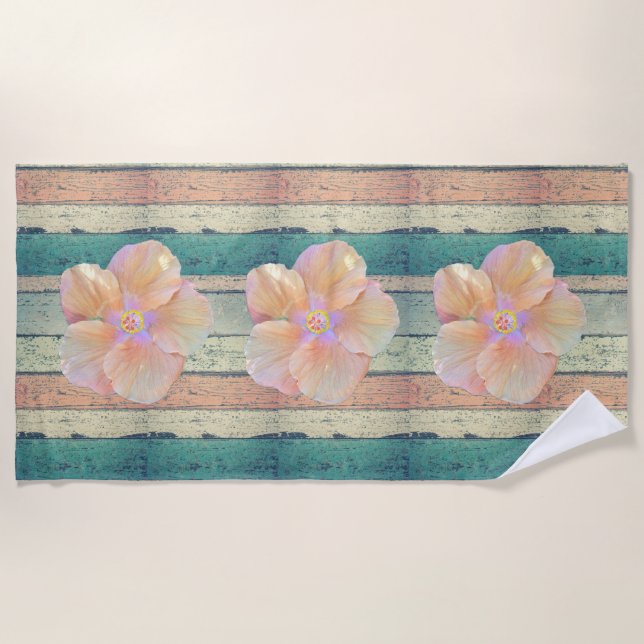 Beach house painted wood striped hibiscus beach towel (Front)