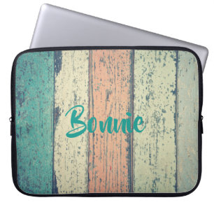 Beach house painted wood striped teal peach sand  laptop sleeve