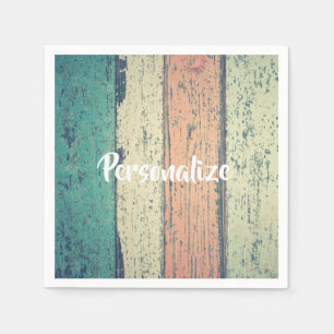 Beach house painted wood striped teal peach sand  napkin