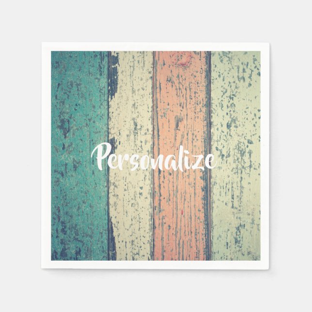 Beach house painted wood striped teal peach sand  napkin (Front)