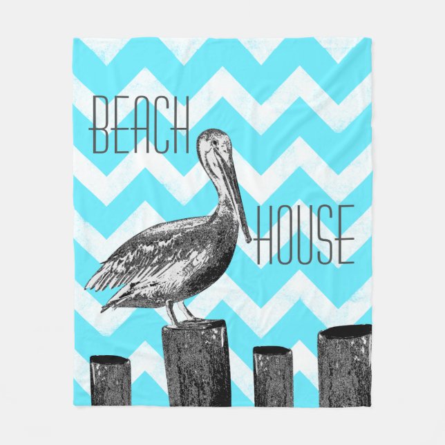 Beach House Pelican and Chevrons Fleece Blanket (Front)