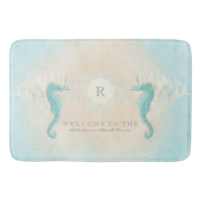 Beach House Personalised Bathroom Seahorse Ocean Bath Mat (Front)