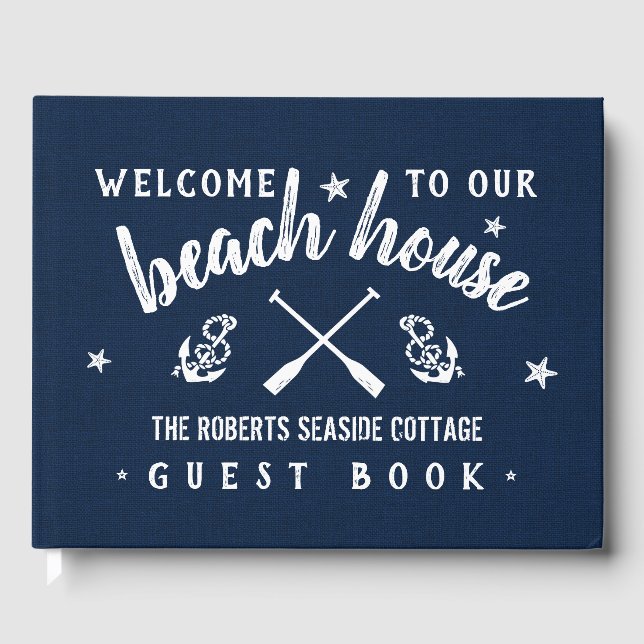 Beach House Personalised Vacation Rental Navy Blue Guest Book (Front)