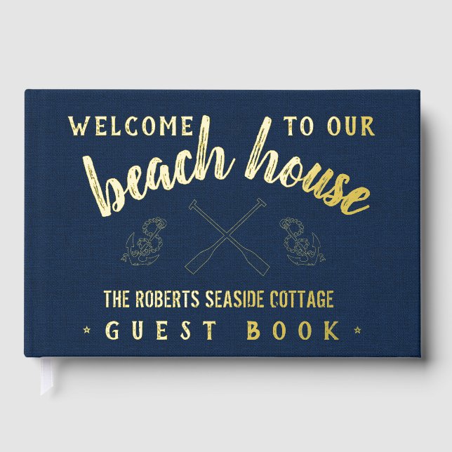 Beach House Personalised Vacation Rental Navy Gold Guest Book (Front)