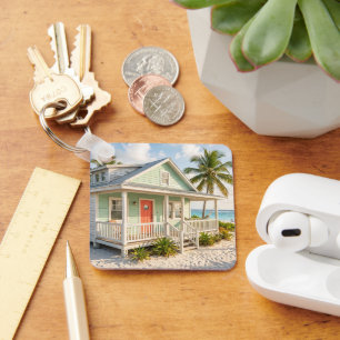 Beach House Photo Neutral Grid Custom Amber Key Ring
